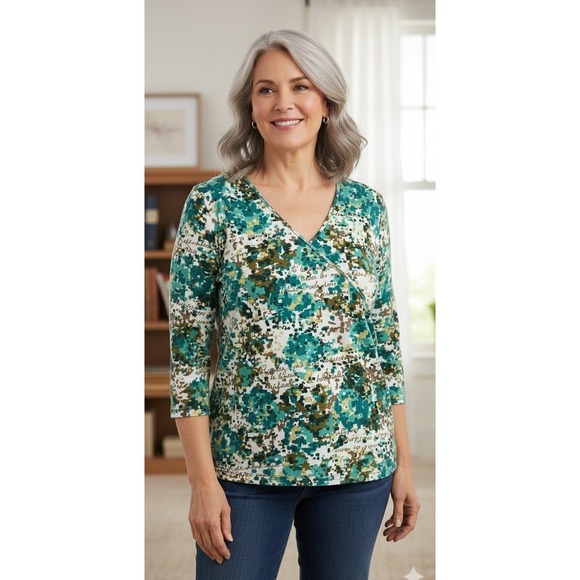 Ruby Rd Faux Wrap Cotton Jersey Top Green Hues Stretchy Casual Womens Size XL - Picture 1 of 9